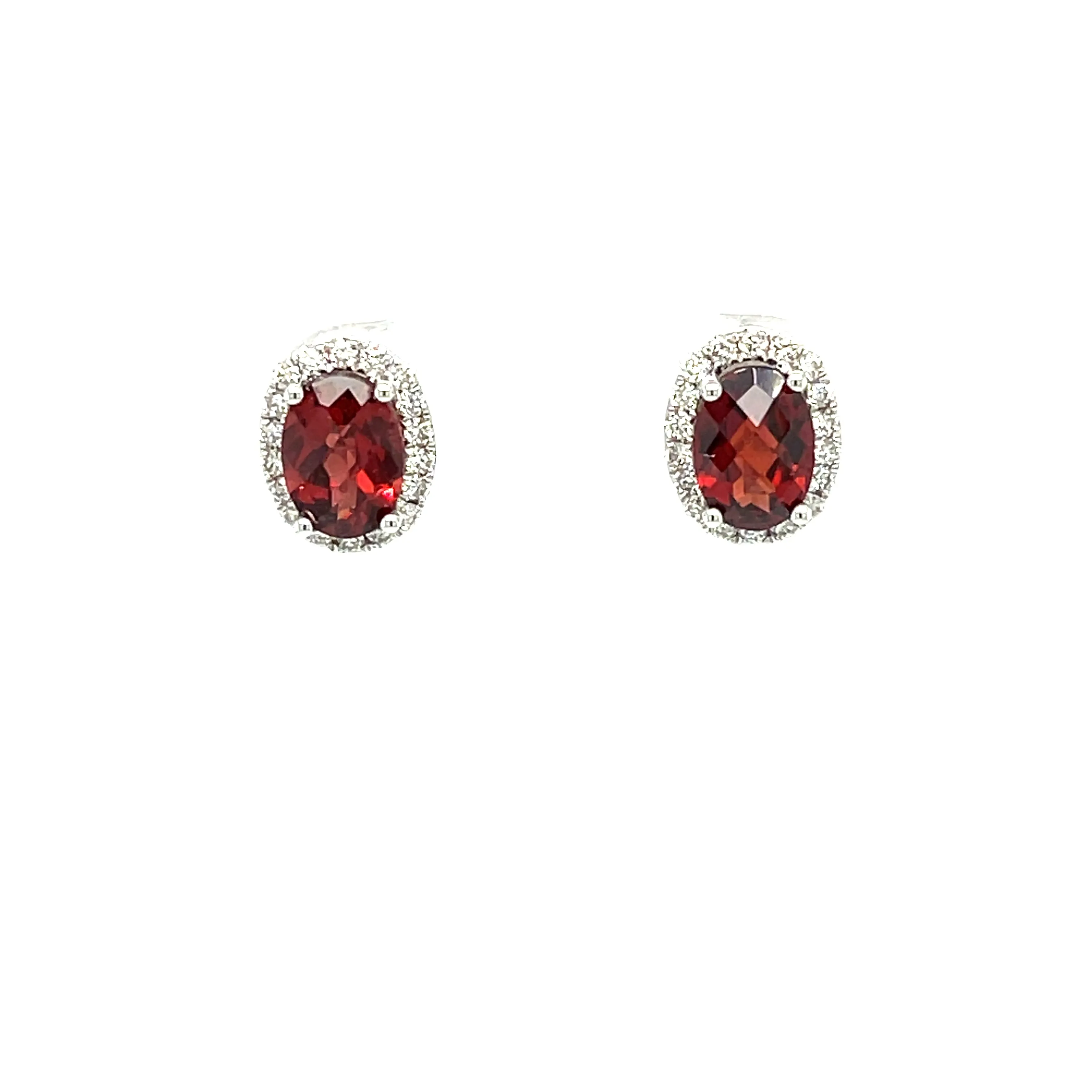 14k White Gold Oval Checkerboard Cut Garnet Stud Earrings