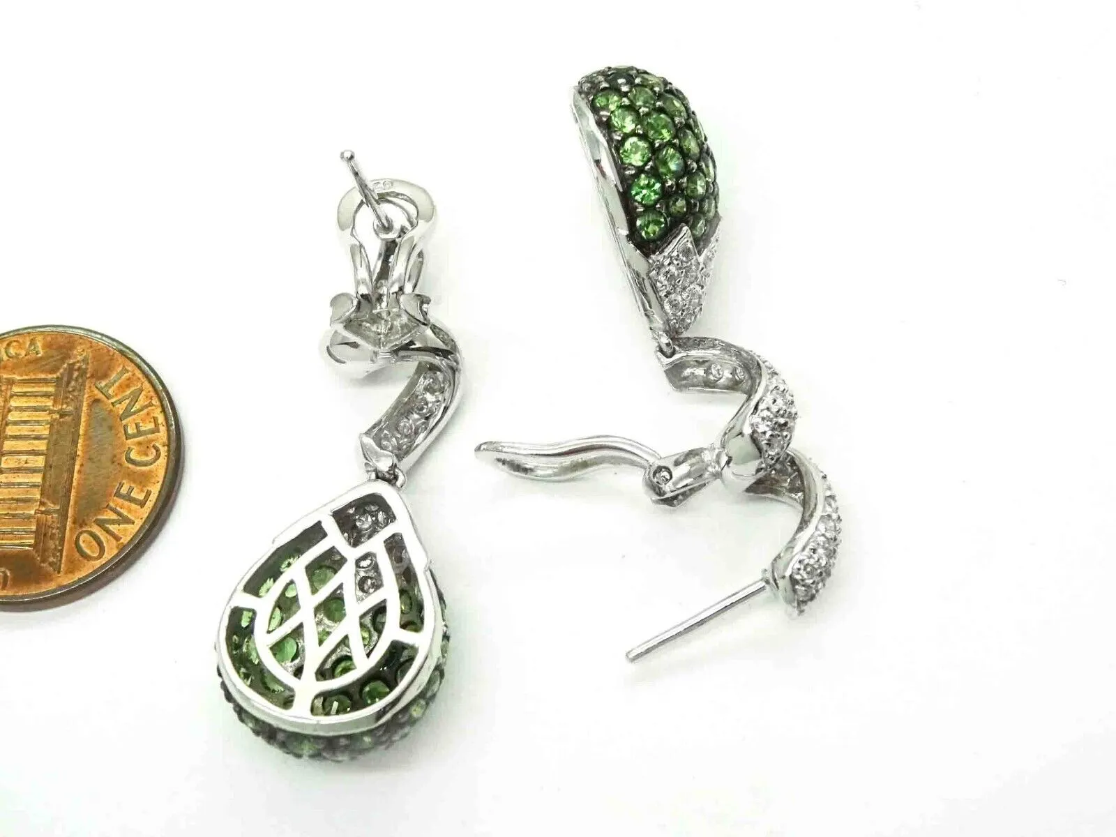 3.95ct tw Natural Green Tsavorite Pave & Diamond Drop Earrings 18k White Gold