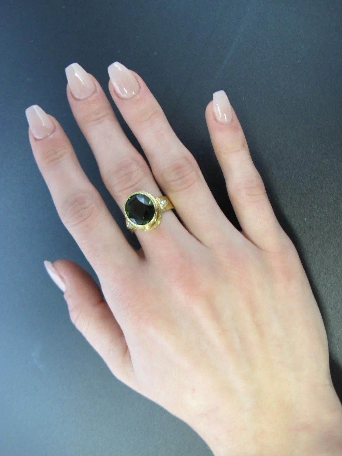 5.20 Carat Green Tourmaline Oval, Diamond and Yellow Gold Bezel Signet Ring