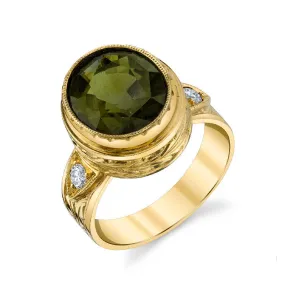 5.20 Carat Green Tourmaline Oval, Diamond and Yellow Gold Bezel Signet Ring