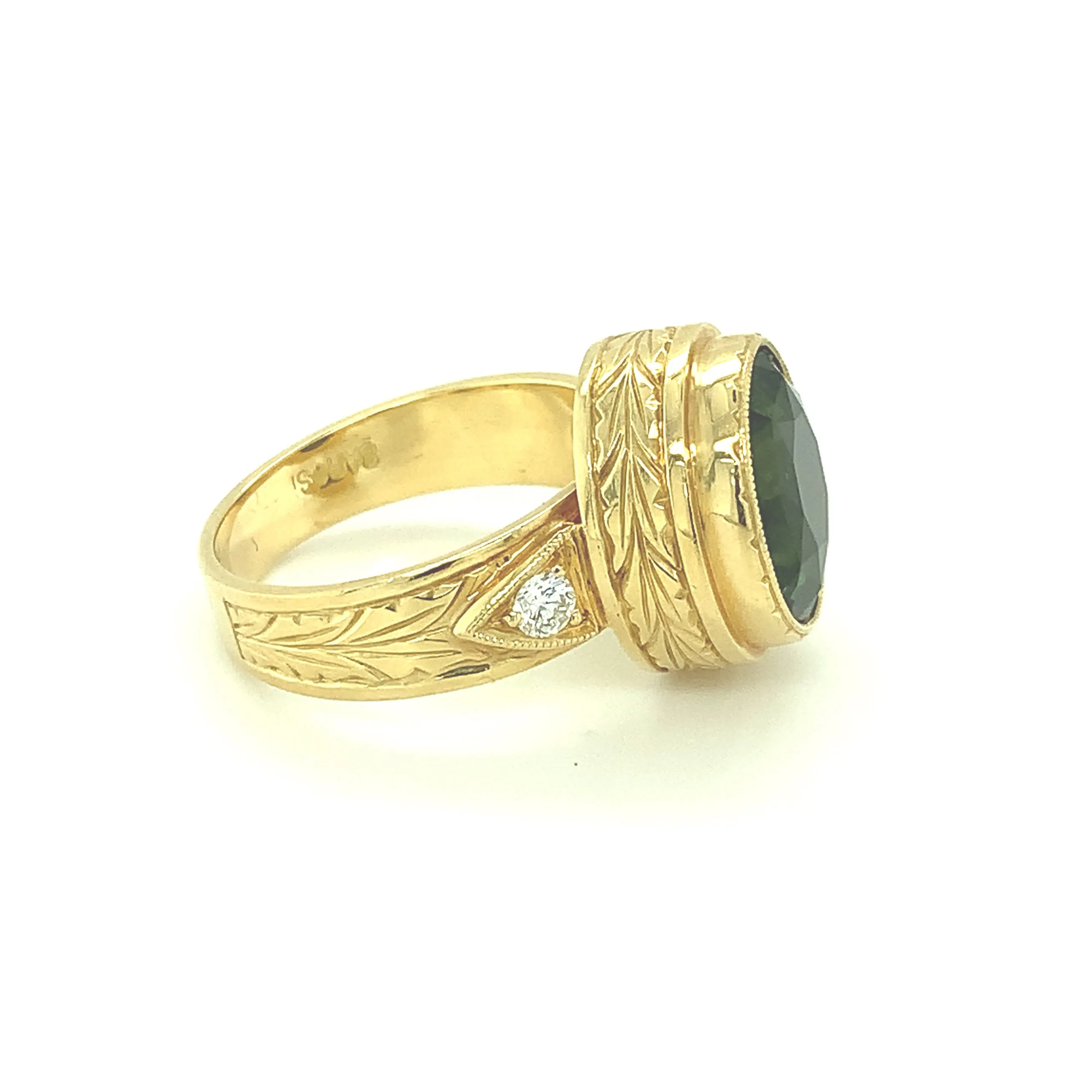 5.20 Carat Green Tourmaline Oval, Diamond and Yellow Gold Bezel Signet Ring