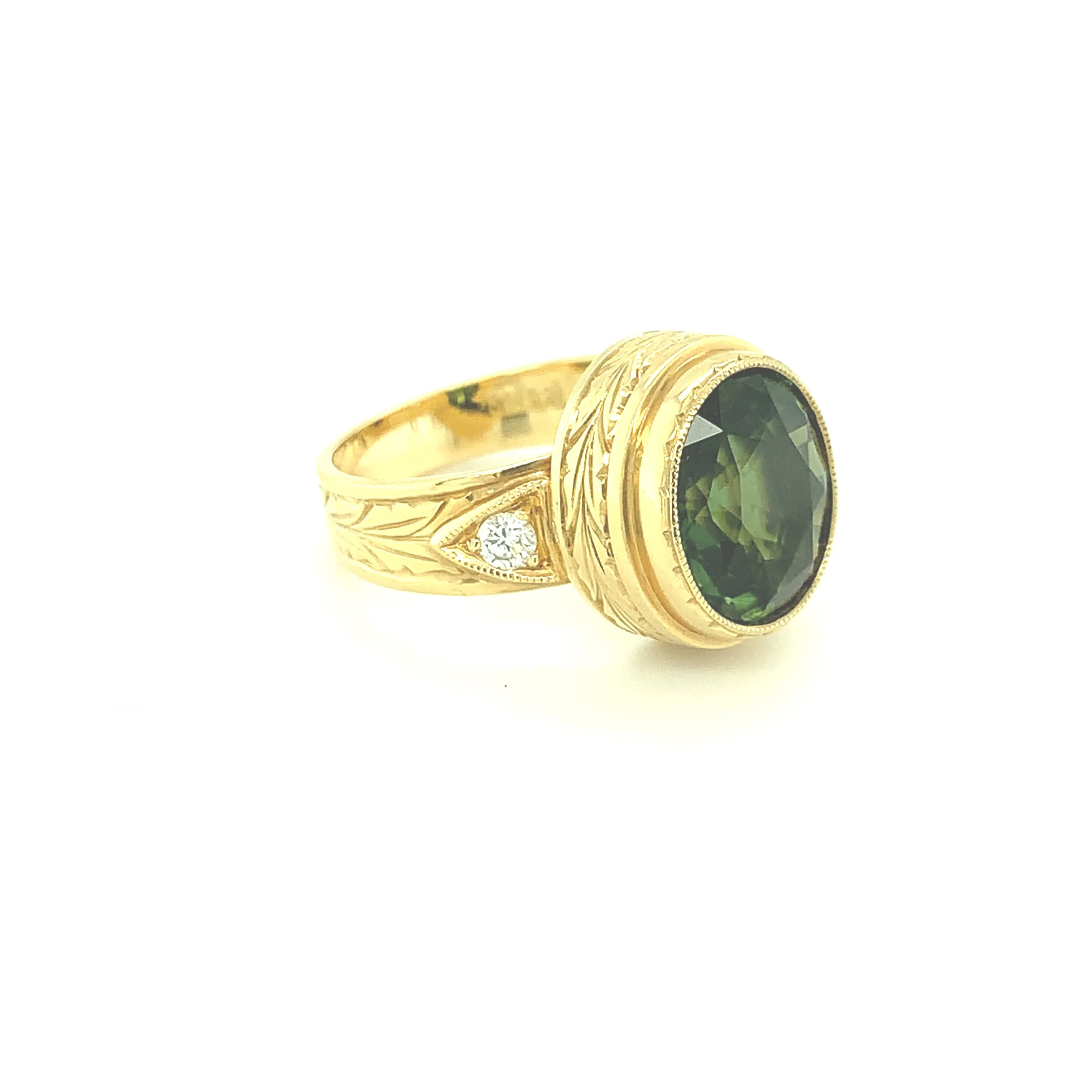5.20 Carat Green Tourmaline Oval, Diamond and Yellow Gold Bezel Signet Ring