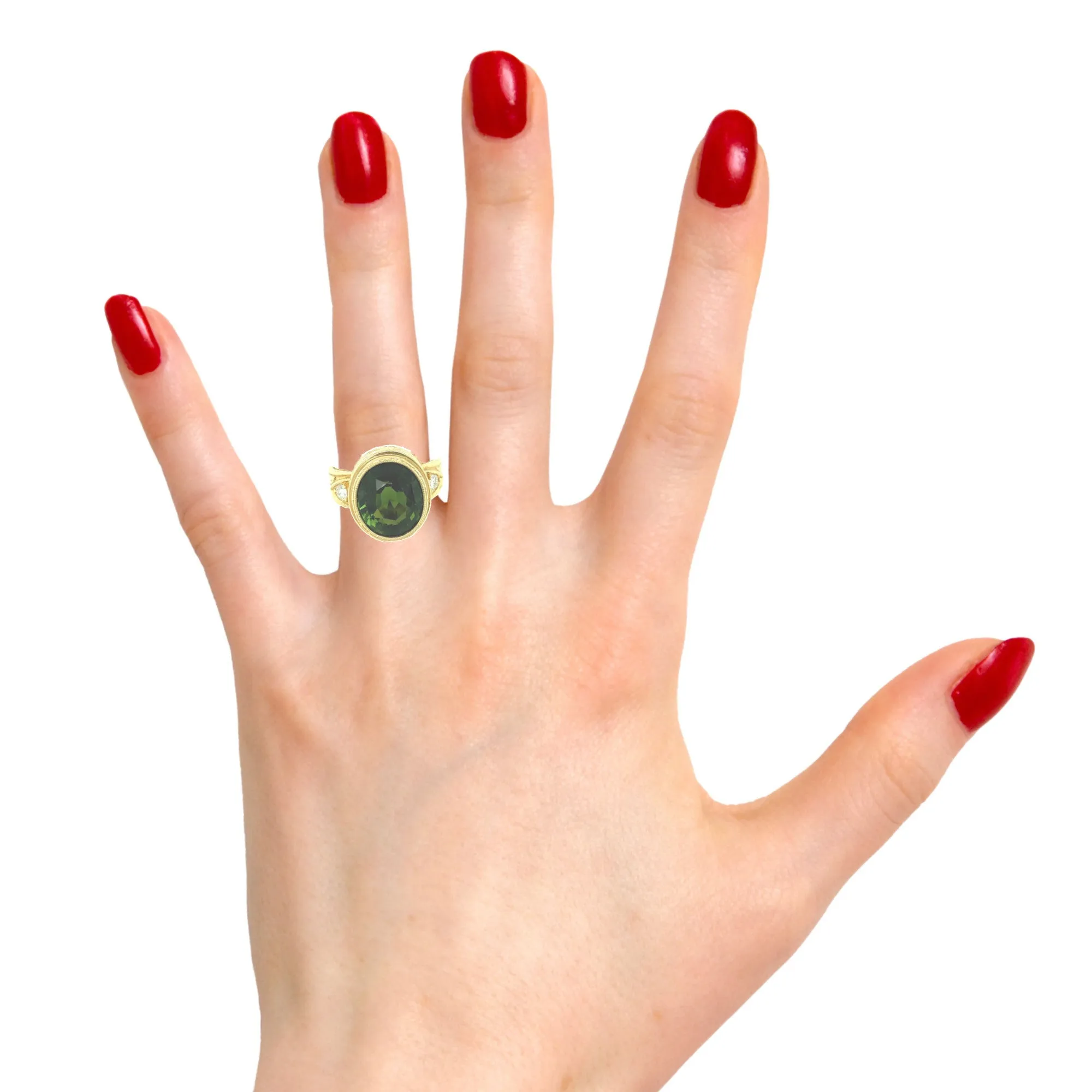 5.20 Carat Green Tourmaline Oval, Diamond and Yellow Gold Bezel Signet Ring