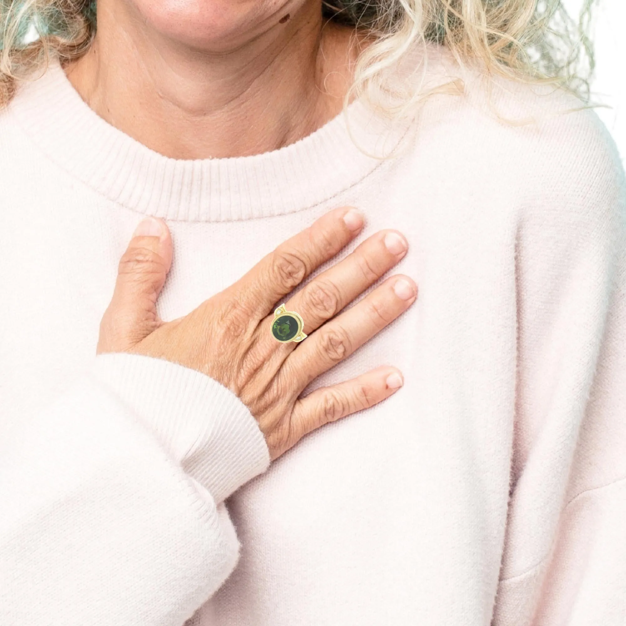 5.20 Carat Green Tourmaline Oval, Diamond and Yellow Gold Bezel Signet Ring
