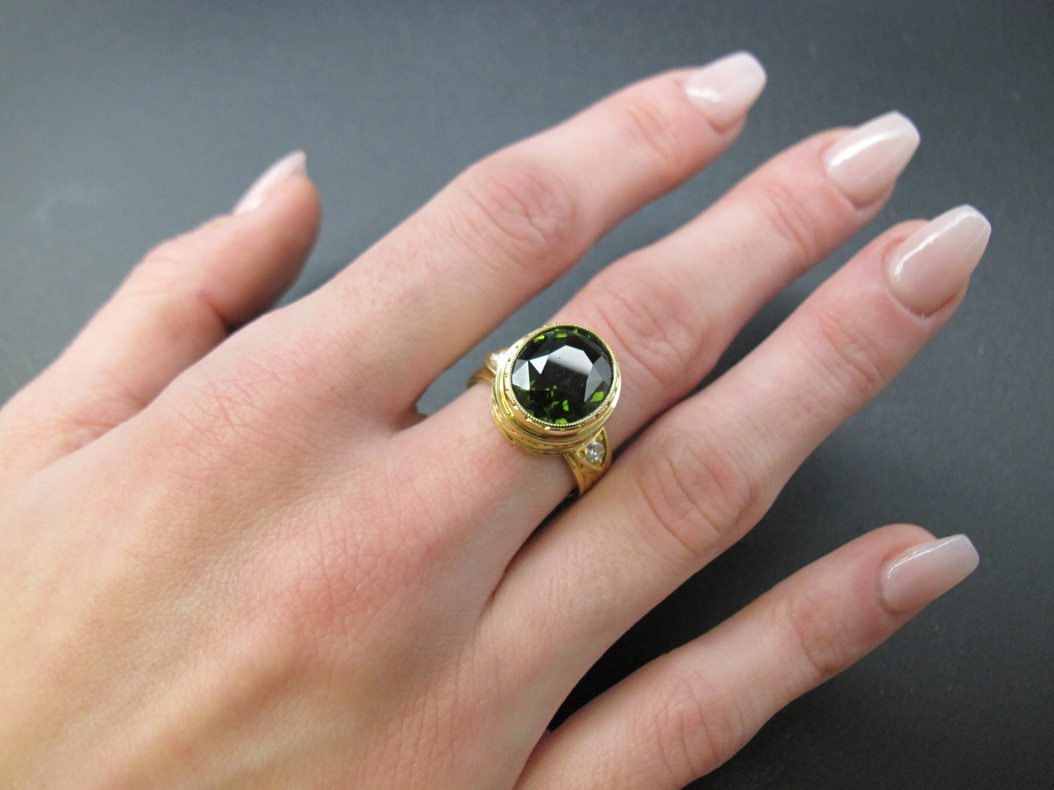 5.20 Carat Green Tourmaline Oval, Diamond and Yellow Gold Bezel Signet Ring