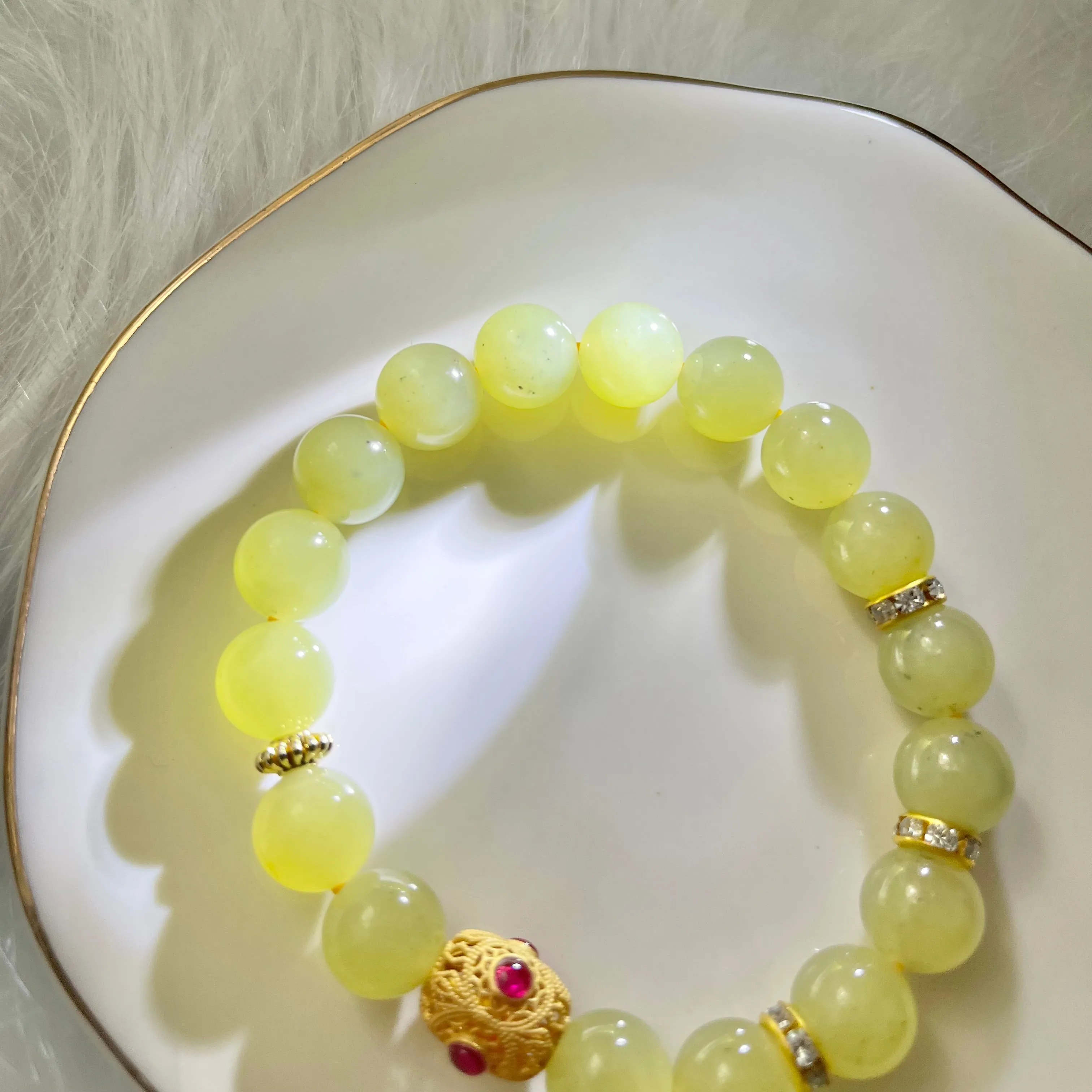 Certified yellow genuine nephrite / Hetian Jade Bracelet - 10mm beads 6.5 inches length