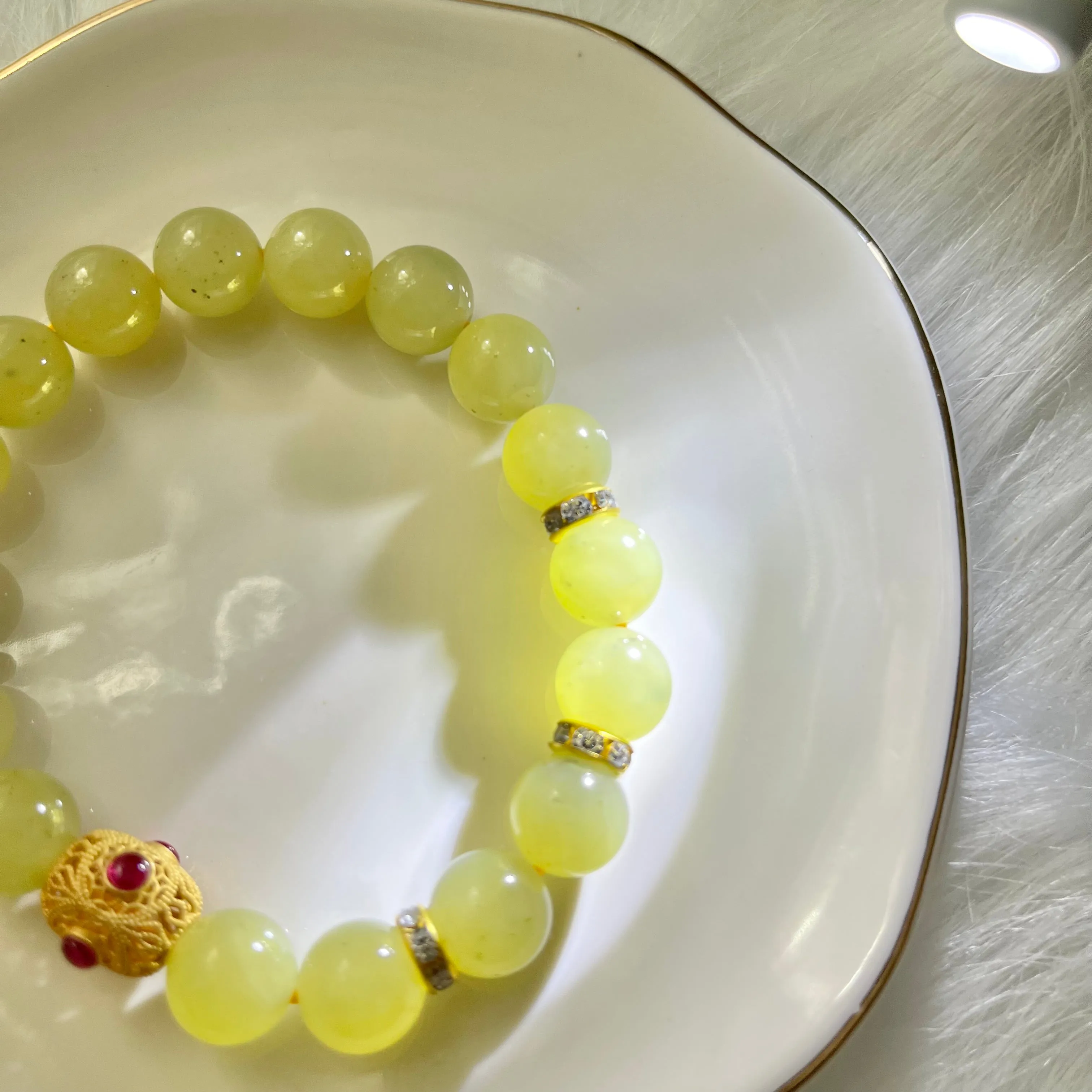 Certified yellow genuine nephrite / Hetian Jade Bracelet - 10mm beads 6.5 inches length