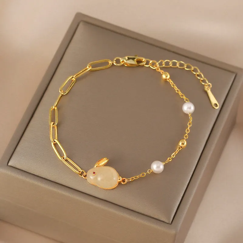 Cute Womens Bunny Shaped Jade Bracelet Real Pearl Bracelet Gold Plated