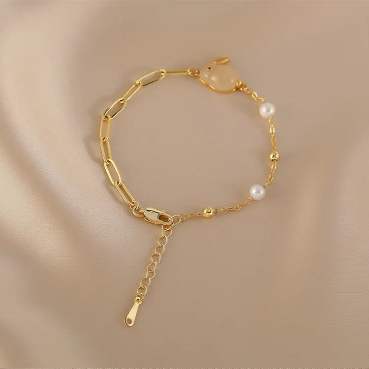 Cute Womens Bunny Shaped Jade Bracelet Real Pearl Bracelet Gold Plated