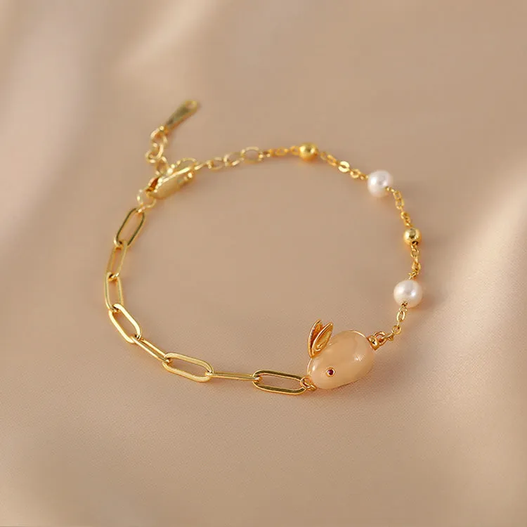 Cute Womens Bunny Shaped Jade Bracelet Real Pearl Bracelet Gold Plated