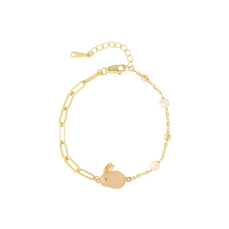 Cute Womens Bunny Shaped Jade Bracelet Real Pearl Bracelet Gold Plated