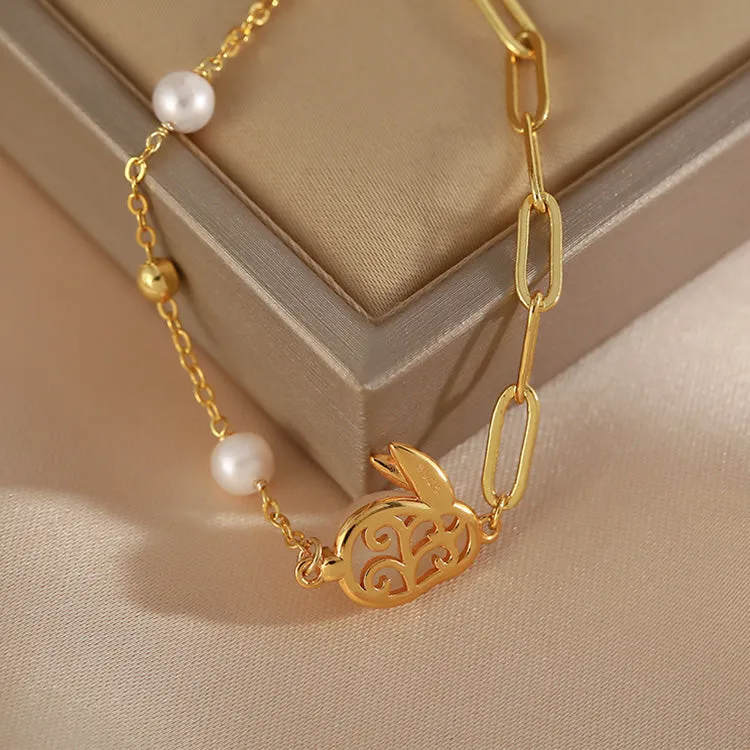Cute Womens Bunny Shaped Jade Bracelet Real Pearl Bracelet Gold Plated
