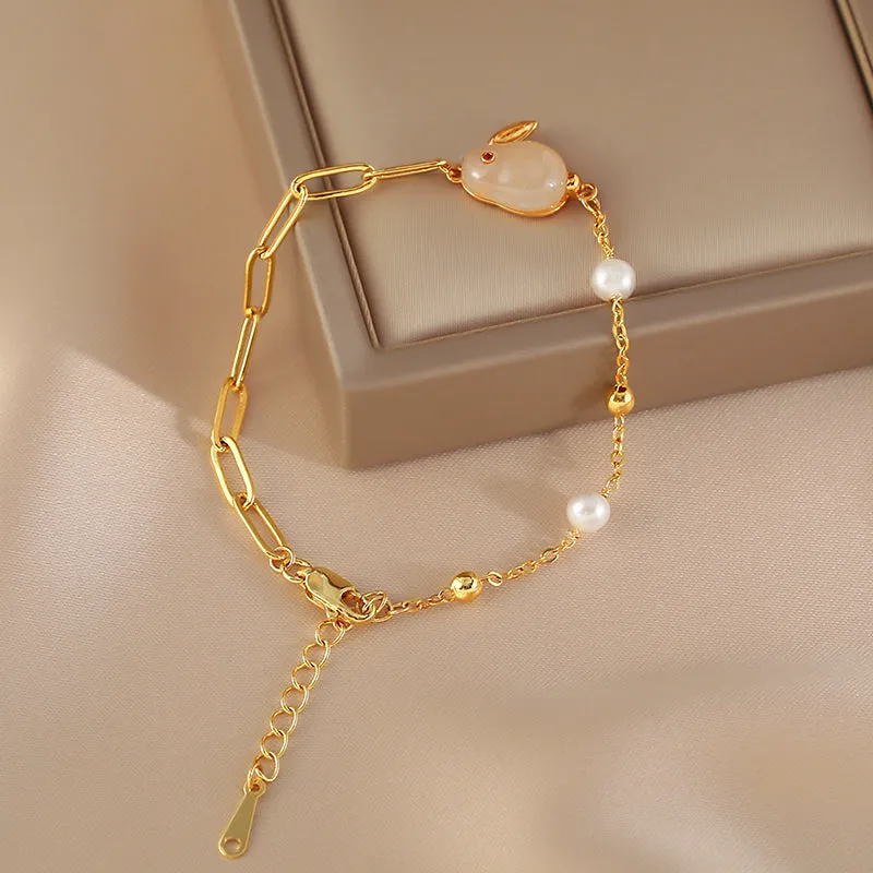 Cute Womens Bunny Shaped Jade Bracelet Real Pearl Bracelet Gold Plated