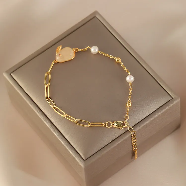 Cute Womens Bunny Shaped Jade Bracelet Real Pearl Bracelet Gold Plated