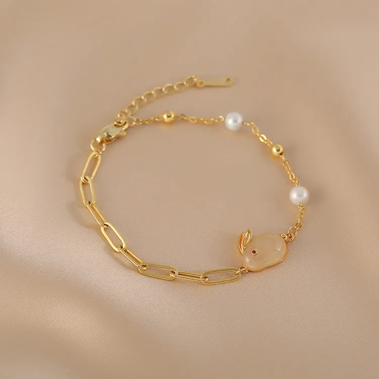Cute Womens Bunny Shaped Jade Bracelet Real Pearl Bracelet Gold Plated
