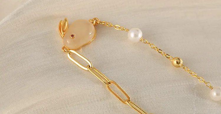 Cute Womens Bunny Shaped Jade Bracelet Real Pearl Bracelet Gold Plated