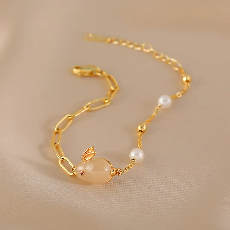 Cute Womens Bunny Shaped Jade Bracelet Real Pearl Bracelet Gold Plated