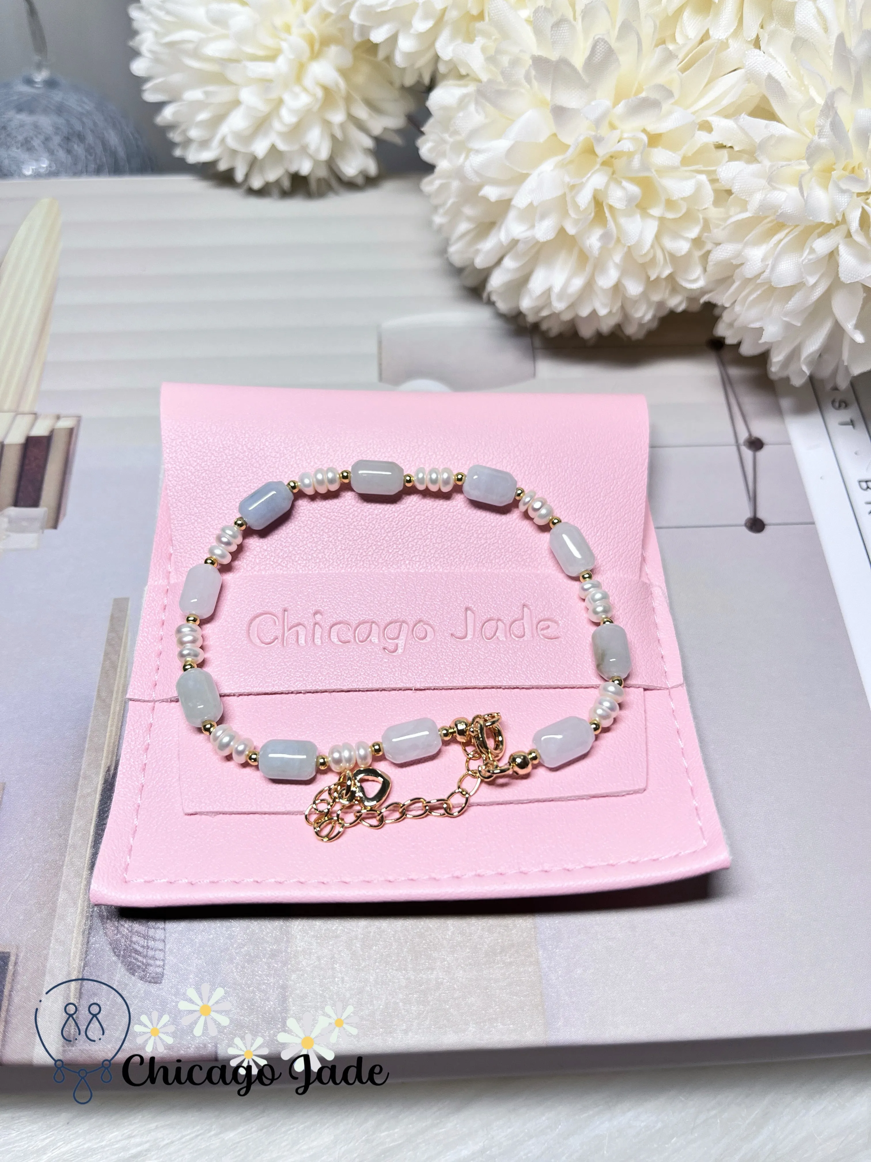Freshwater Pearls with Natural Untreated Grade A Burma Jadeite Jade Feicui Beaded Bracelet Handmade Gift