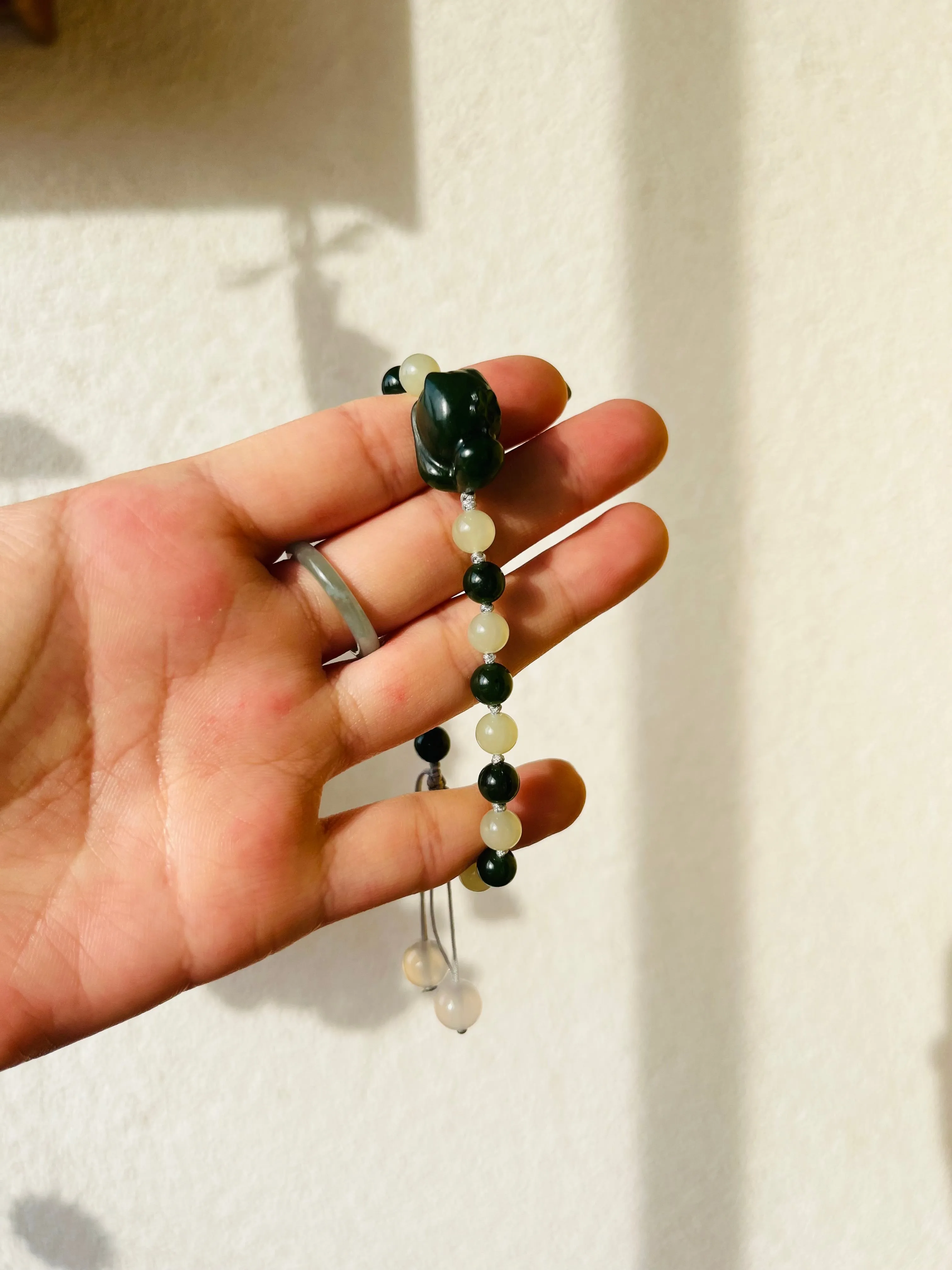 Handmade Bracelet with 6mm Green and Yellow Jade Beads and Hand Carved Cat