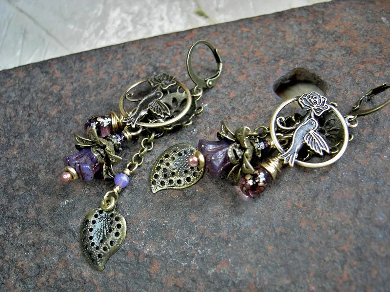 Hummingbirds in Lilac Chandelier Earrings, Antiqued Brass & Glass