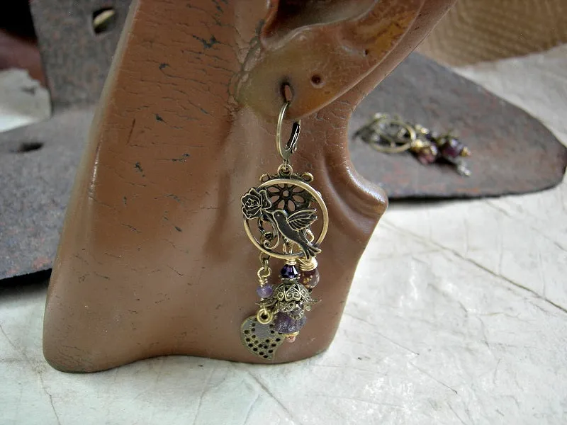 Hummingbirds in Lilac Chandelier Earrings, Antiqued Brass & Glass