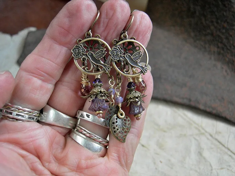 Hummingbirds in Lilac Chandelier Earrings, Antiqued Brass & Glass