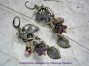 Hummingbirds in Lilac Chandelier Earrings, Antiqued Brass & Glass