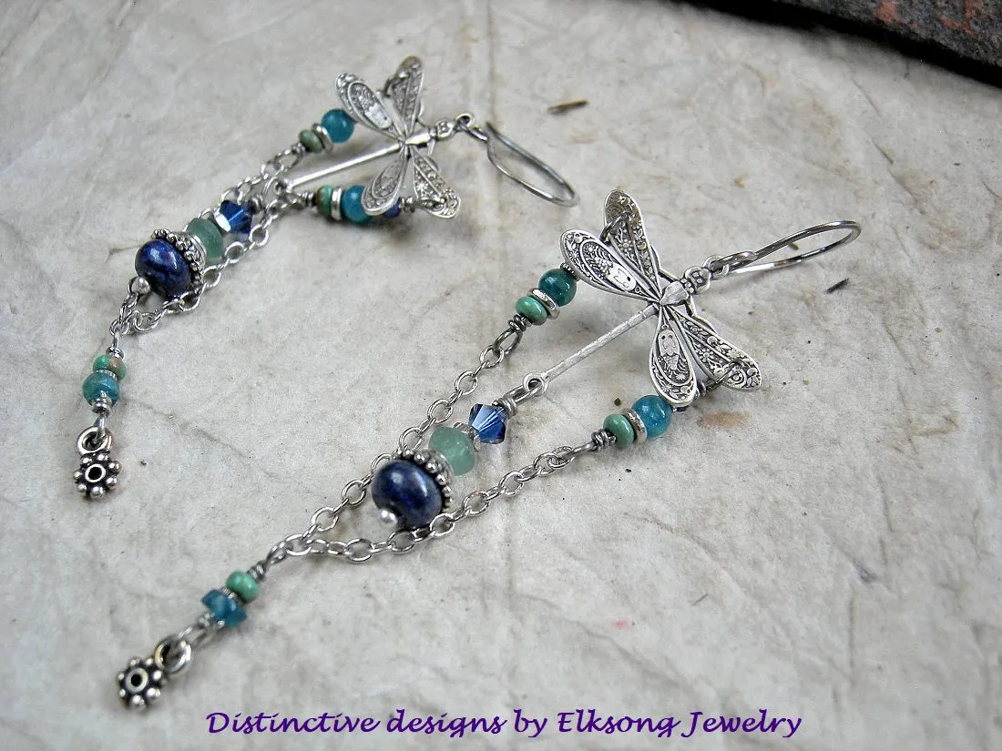 Into the Blue Silver Dragonfly Earrings, Turquoise, Apatite, Lapis