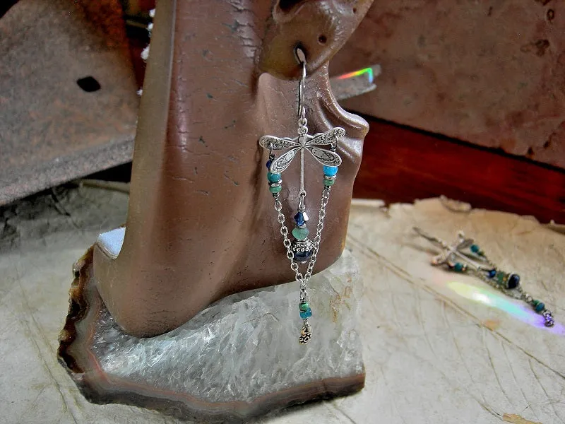 Into the Blue Silver Dragonfly Earrings, Turquoise, Apatite, Lapis