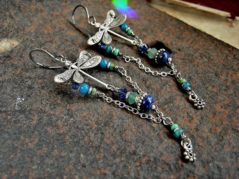 Into the Blue Silver Dragonfly Earrings, Turquoise, Apatite, Lapis