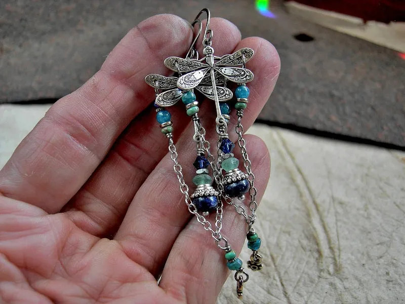 Into the Blue Silver Dragonfly Earrings, Turquoise, Apatite, Lapis