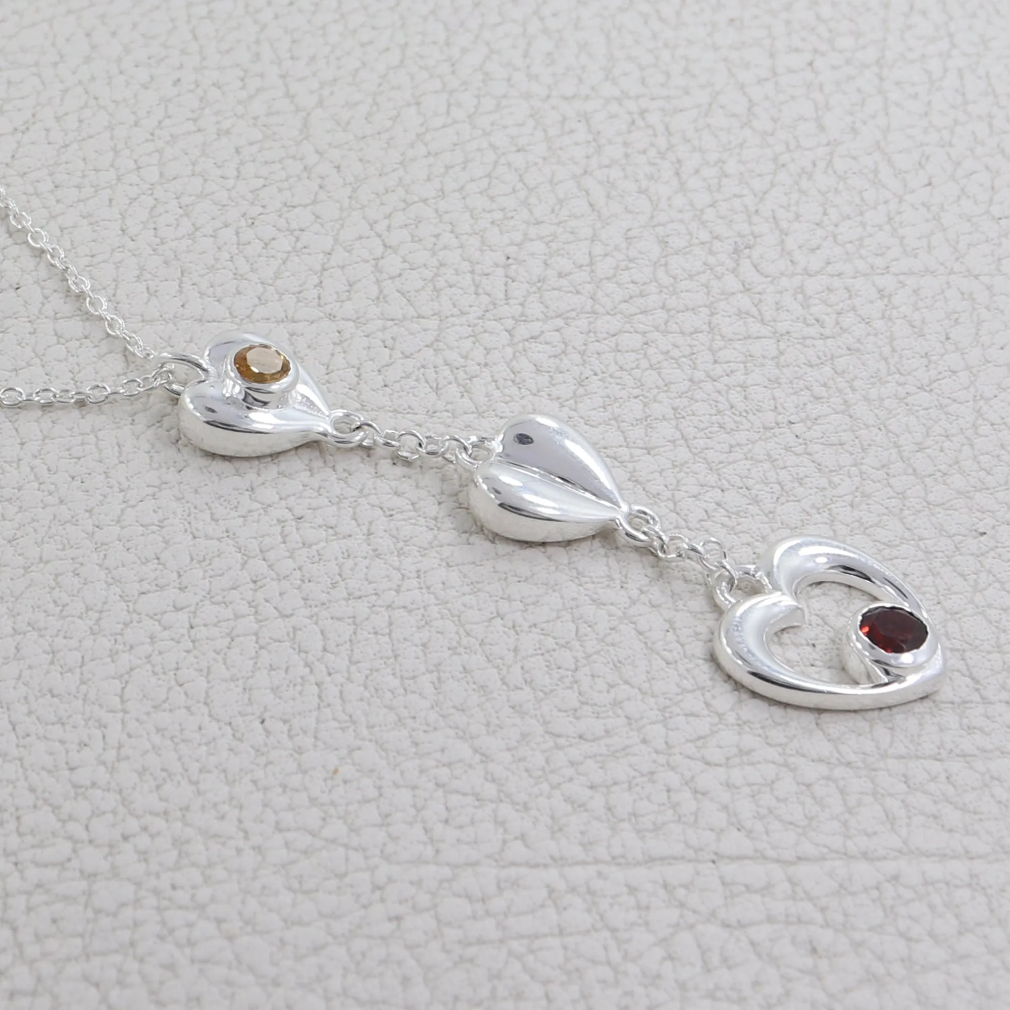 Natural Citrine & Garnet Heart Shape Sterling Silver Chain Necklace Jewelry