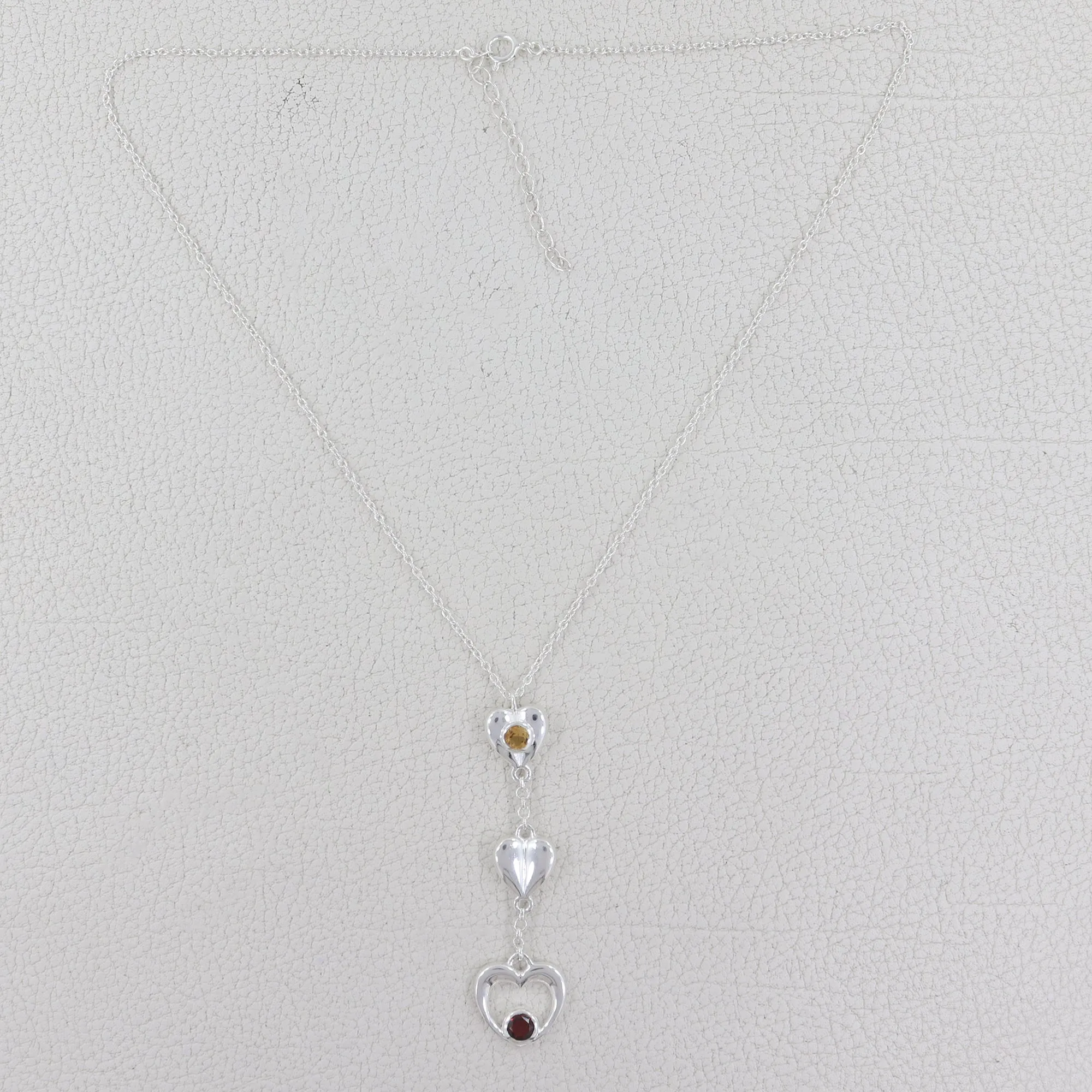 Natural Citrine & Garnet Heart Shape Sterling Silver Chain Necklace Jewelry