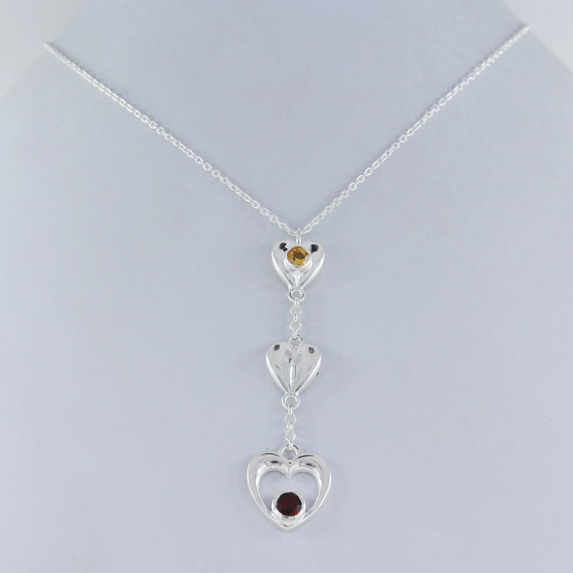 Natural Citrine & Garnet Heart Shape Sterling Silver Chain Necklace Jewelry