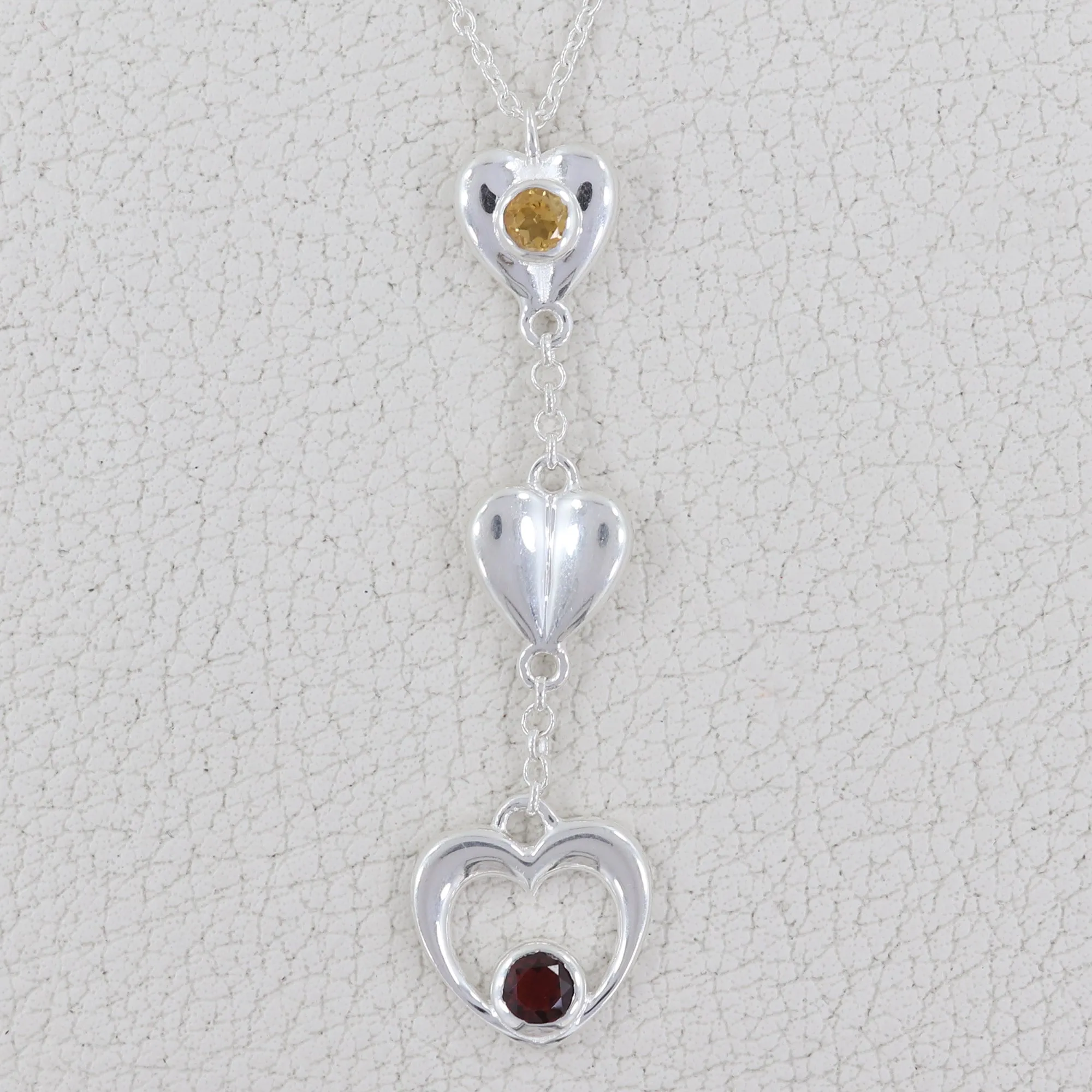 Natural Citrine & Garnet Heart Shape Sterling Silver Chain Necklace Jewelry