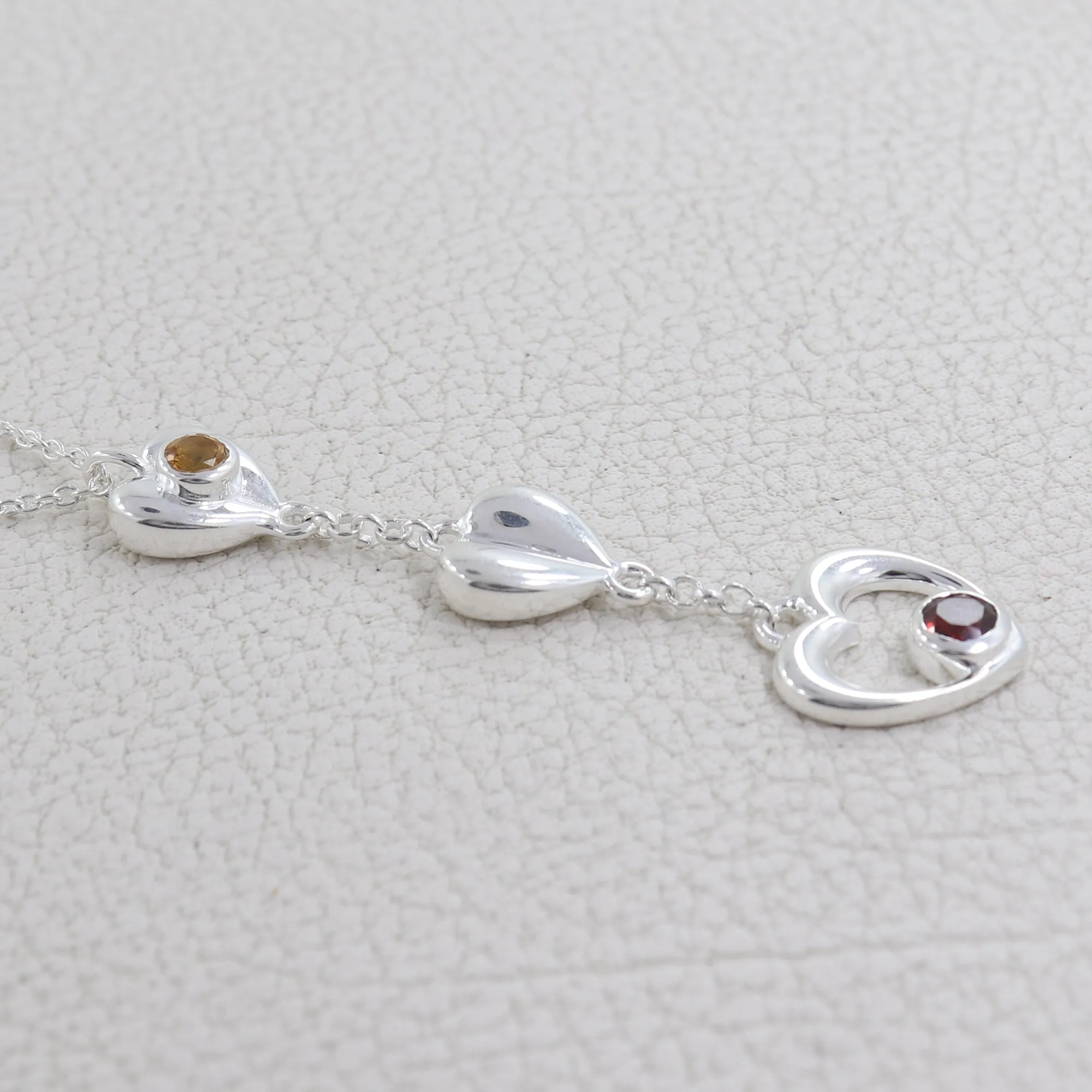 Natural Citrine & Garnet Heart Shape Sterling Silver Chain Necklace Jewelry