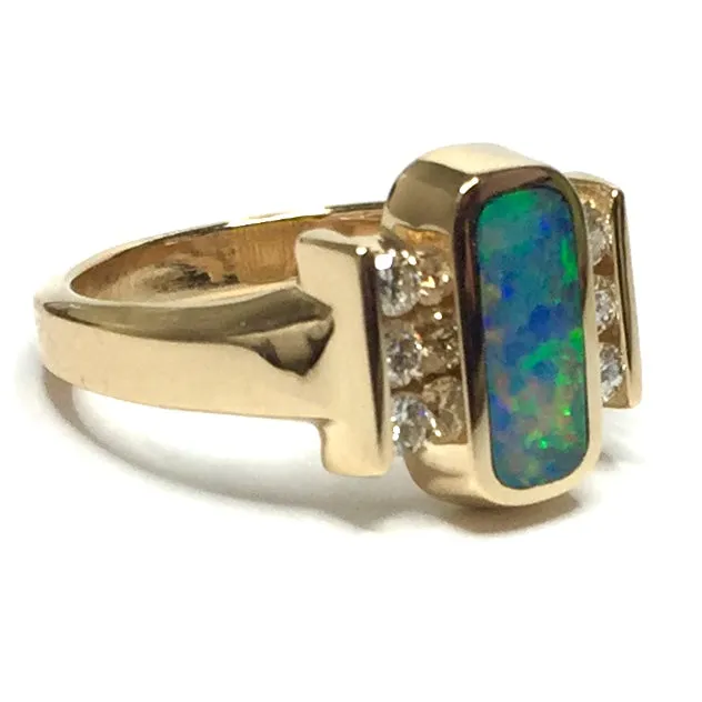 Opal Rings Rectangle Inlaid Design with .24ctw Round Diamonds