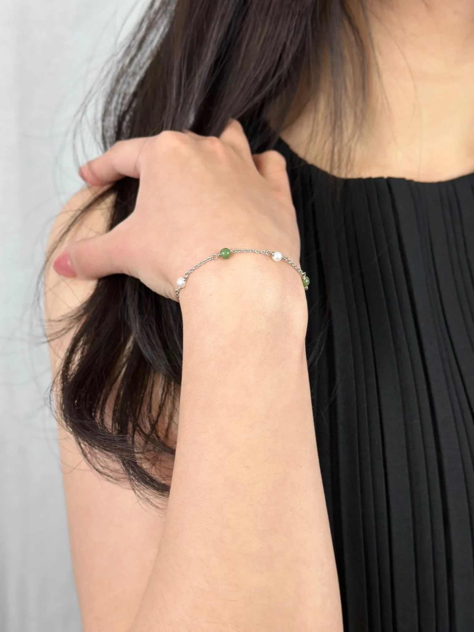 Silver Jade and Pearl Bracelet - Constance