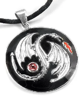 Sterling Silver Garnet Yin-Yang Dragon Pendant Necklace