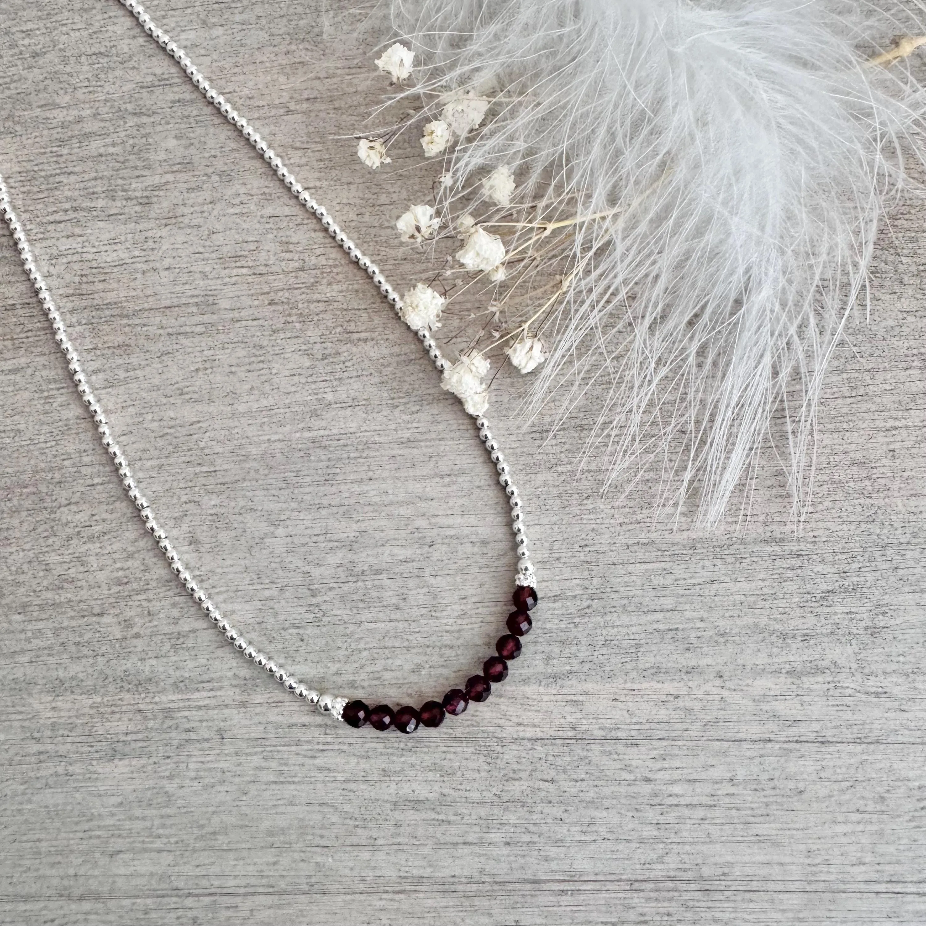 Thin Garnet and Sterling Silver Bead Necklace, dainty necklace