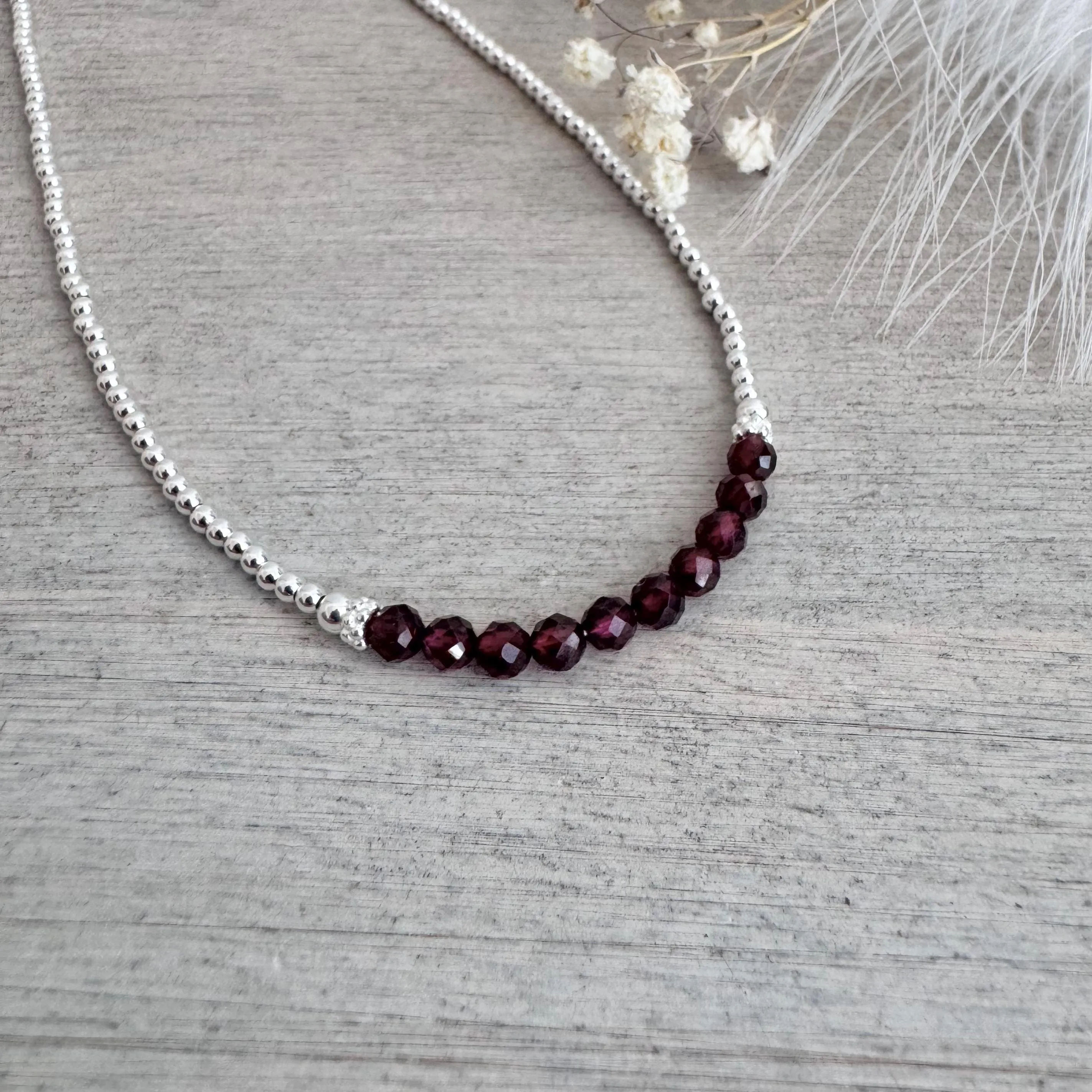 Thin Garnet and Sterling Silver Bead Necklace, dainty necklace