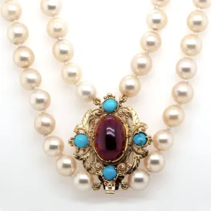 Two Row Cultured Pearl Necklace with Victorian 15ct Yellow Gold, Garnet and Turquoise Clasp