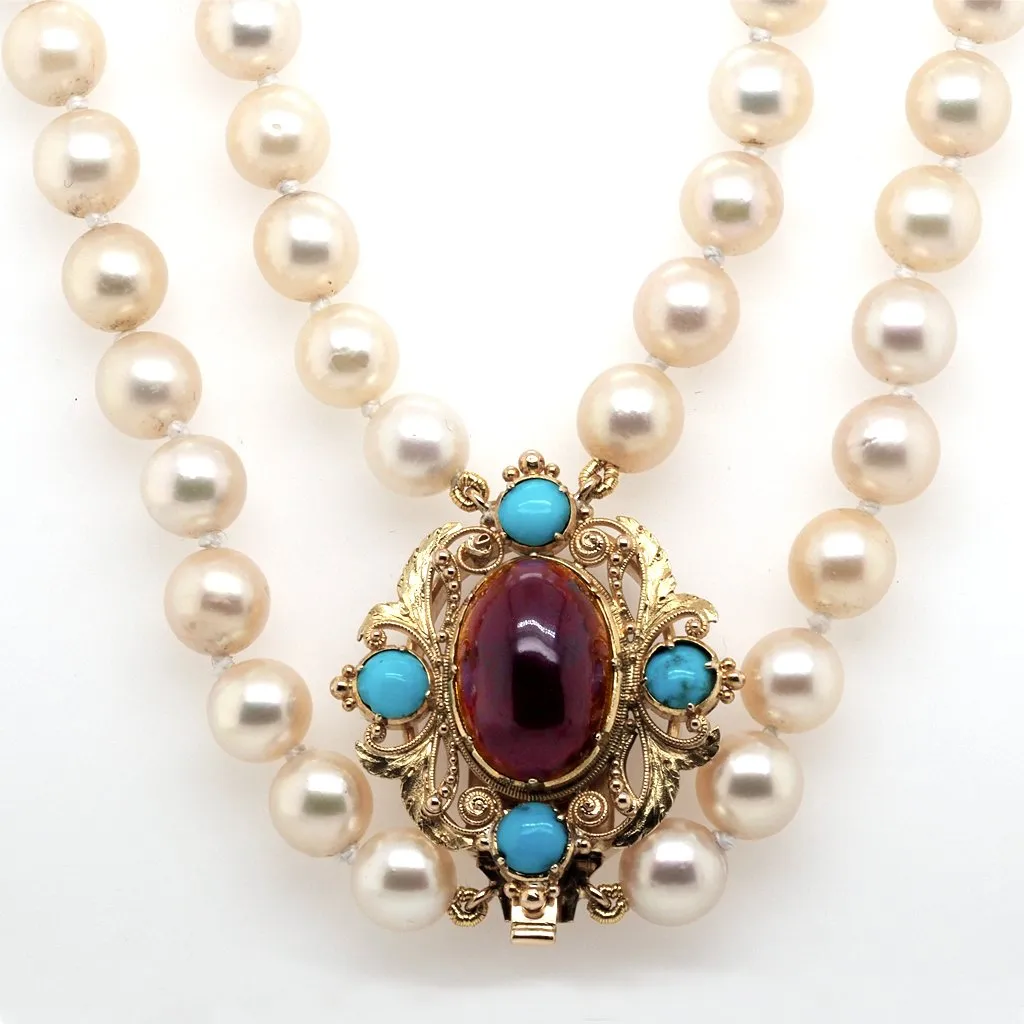 Two Row Cultured Pearl Necklace with Victorian 15ct Yellow Gold, Garnet and Turquoise Clasp